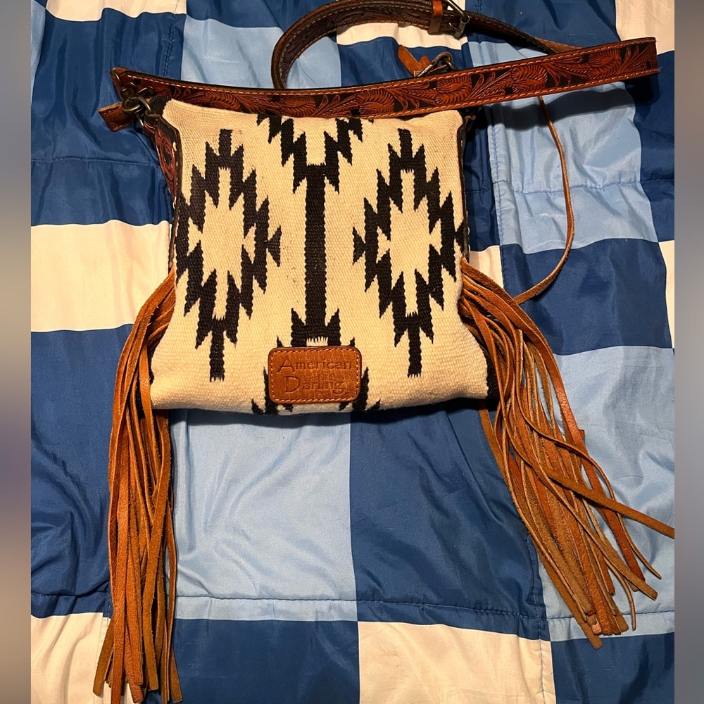 American Darling Black and Cream Crossbody Bag with Fringe